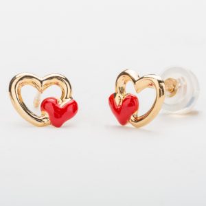 עגילי זהב צמודים - לב אל לב אדום