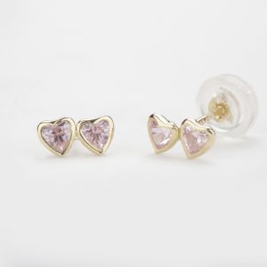 עגילי זהב צמודים - לבבות ורודים כפולים