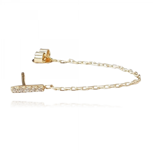 עגילי זהב צמודים - עגיל פס זרקונים עם שרשרת זהב